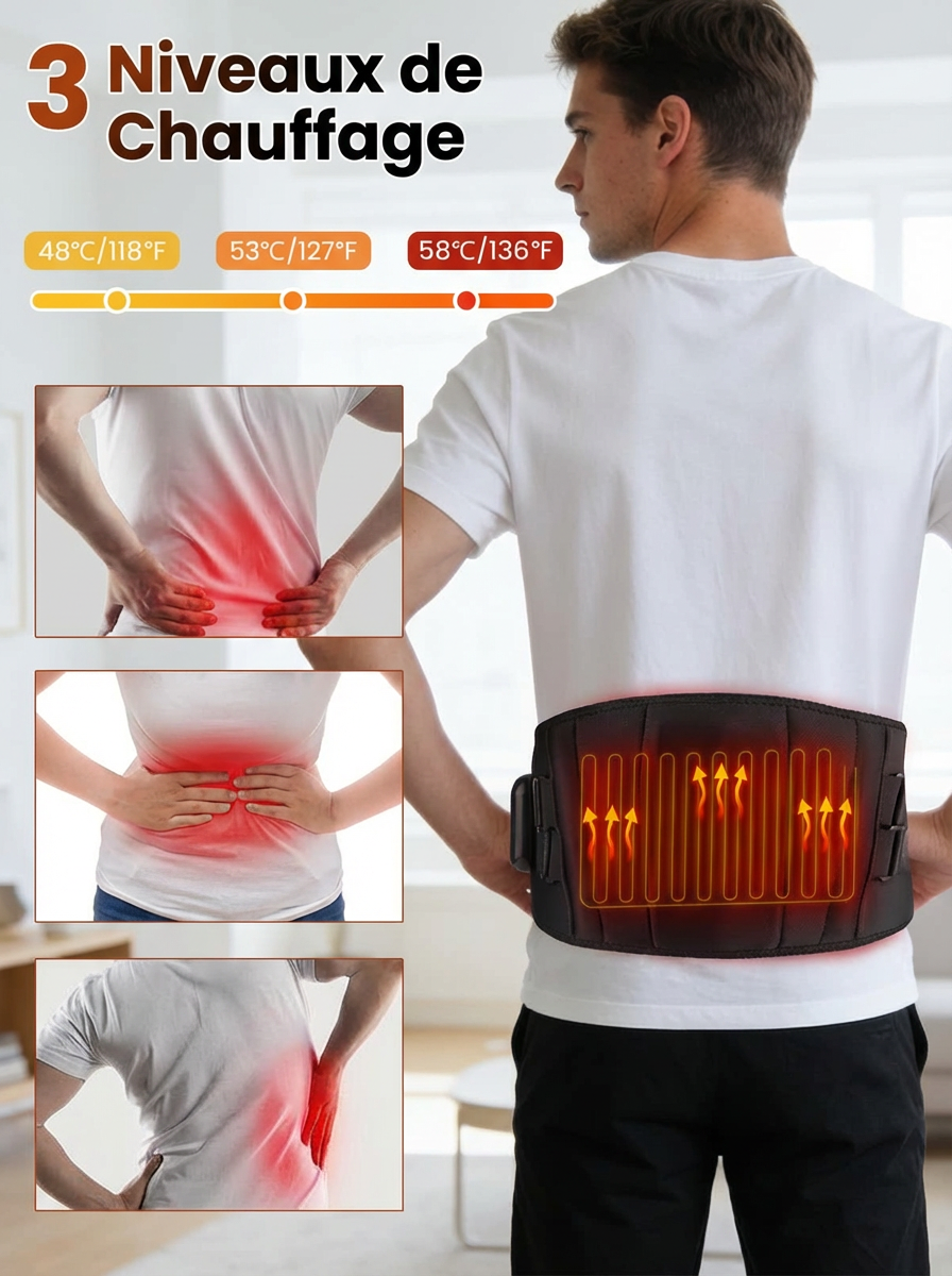 Ceinture chauffante lombaire Zenova Ceinture Pro — Soulagement du dos en 15 min | Sans fil · Massage vibrant · 3 niveaux